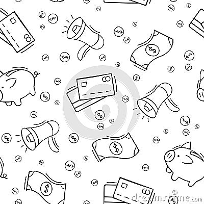 Hand drawn seamless pattern of business and finance elements Vector Illustration