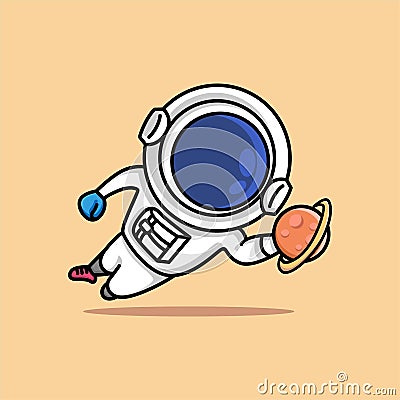 Cute astronaut jumping football goalkeeper catches the planet cartoon Vector Illustration
