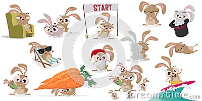 Large cartoon collection of a crazy rabbit Vector Illustration