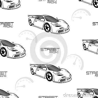 Boys pattern for textiles. Sports white car, slogan and speedometer Vector Illustration