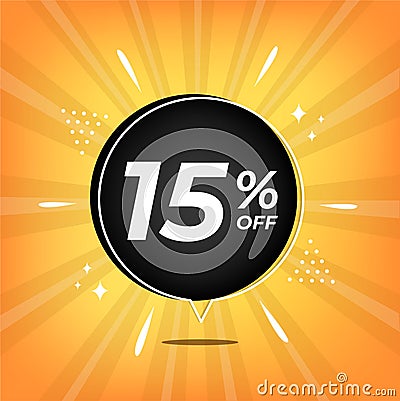 15 off. Yellow banner with fifteen percent discount on a black balloon for mega big sales. Vector Illustration