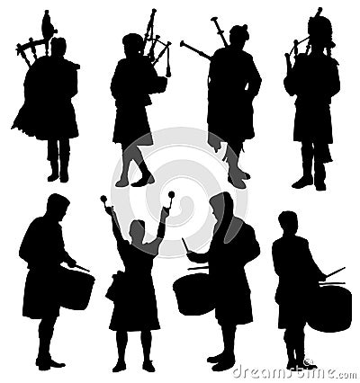 Scottish Bagpipes and Drummers Silhouette Pack Vector Illustration