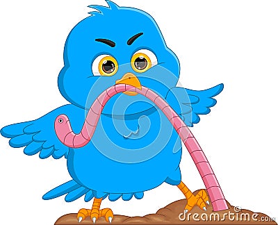 Cute bird bites the worm and pulls it from the ground Vector Illustration