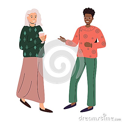 A young couple is talking together. People communicate. Positive communication of multinational friends. People are talking. Vector Illustration
