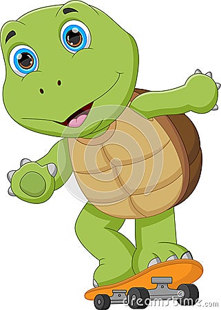 Cartoon cute turtle playing skateboard Vector Illustration