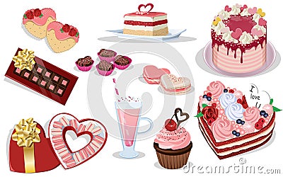 Set of Valentine`s Day candy, desserts, sweet foods, bakery products Vector Illustration