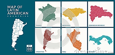 Maps of latin American countries France,Honduras, Dominican Republic, Argentina,Panama and Peru Vector Illustration
