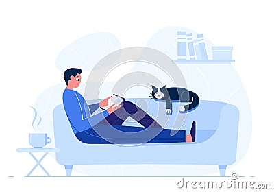 A man surfing the Internet on the sofa with cat. Vector Illustration