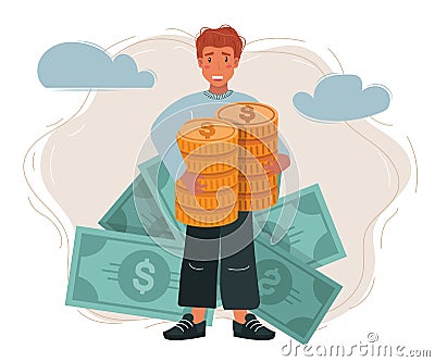 Cartoon vector illustration of man holding huge golden dollar coins. Earning, saving and investing money concept. Human character Vector Illustration