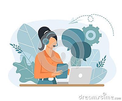 Vector illustration, customer service, hotline operator advises customer, online global technical support 24/7, customer and opera Vector Illustration