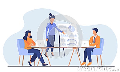 Coach speaking before audience. Mentor presenting charts and reports, Employees meeting at business training, seminar or conferenc Cartoon Illustration