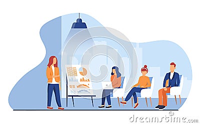 Coach speaking before audience. Mentor presenting charts and reports, Employees meeting at business training, seminar or conferenc Cartoon Illustration