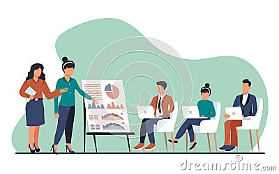 Coach speaking before audience. Mentor presenting charts and reports, Employees meeting at business training, seminar or conferenc Cartoon Illustration