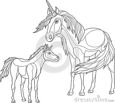 Realistic unicorns creatures sketch template. Cartoon horse and baby graphic vector illustration in black and white Vector Illustration