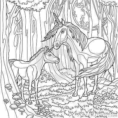 Realistic unicorns creatures in the middle of the magic forest sketch template. Cartoon horse and baby in front of the moon trees Vector Illustration