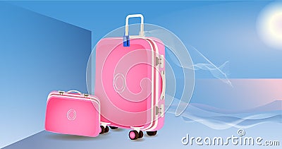 Pink glamorous luggage against the sky. Travel banner template Vector Illustration