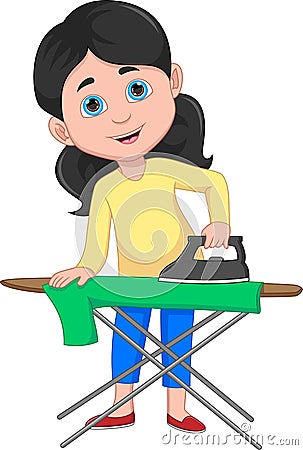 Young girl ironing clothes cartoon Vector Illustration