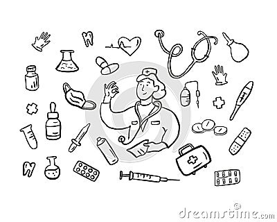 Hand drawn medical doodle set in vector. Vector Illustration