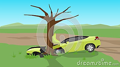 Sport yellow car driving on soil road with green meadow. Had an accident, fell on the side of the road, Vector Illustration