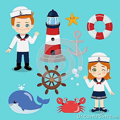 Cute marine boy and girl with navy object collection set Vector Illustration