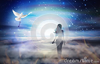 Soul journey, peace key dove, bright light from heaven, Way, path to God Stock Photo