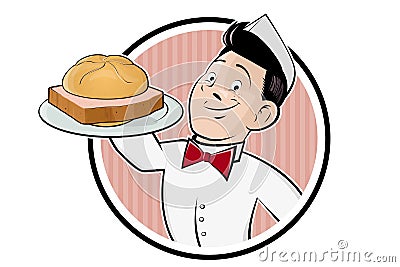 Funny cartoon guy serving German specialty LeberkÃ¤se Vector Illustration