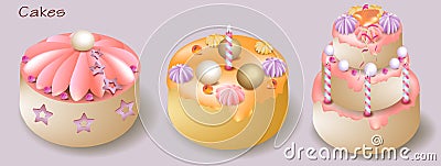 Set of cute cakes. In pastel colors, cartoon volume style Vector Illustration