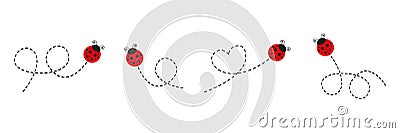 Ladybug icon set. Ladybirds flying on dotted route. Stock Photo