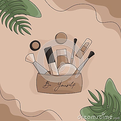 Face cosmetics set: powder, tone cream, brush, lip gloss, eyeshadows Vector Illustration