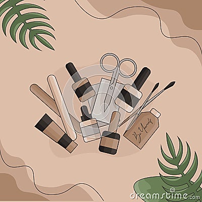 Nail care set: brushes, scissors, nail polish, top, base, nail file, cream, oil Vector Illustration
