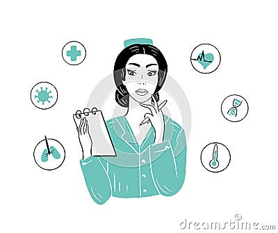 The girl doctor holds a pen and a folder and decides which diagnosis to make. Vector Illustration