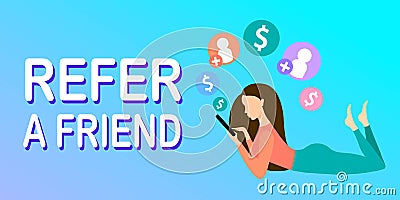 Refer a friend. Referral Program. Bonus reward. Girl using smartphone. Vector Illustration