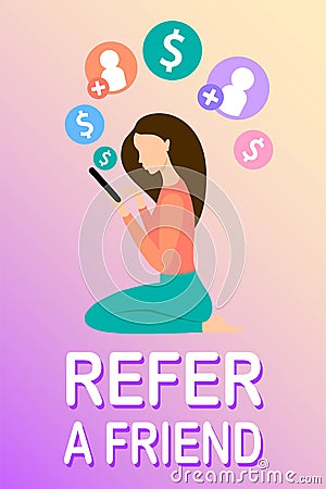 Refer a friend. Referral Program. Bonus reward. Girl using smartphone. Social media. Vector Illustration