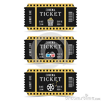 Realistic movie ticket icon in flat retro style. Cartoon Illustration