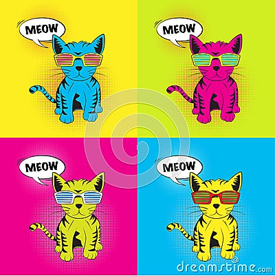 Cats with retro glasses as pop art Vector Illustration