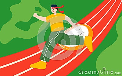 Boy sprints to the finish on the track with paper and books in the background, vector Vector Illustration