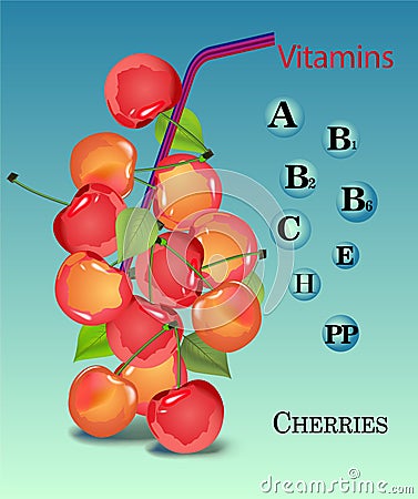 Cherries and the vitamins they contain. Vector Illustration