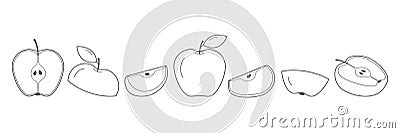 Line apple set. Sketch sliced apples collection. Stock Photo