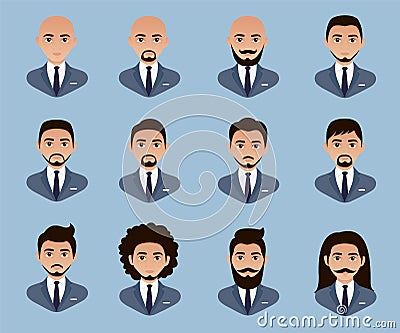 Set avatar of a man in a business suit with dark hair. Vector Illustration