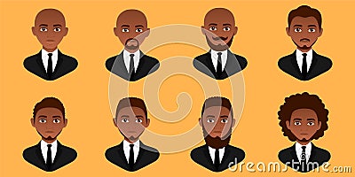 Set of african american men business avatars in flat colorful style. Vector Illustration