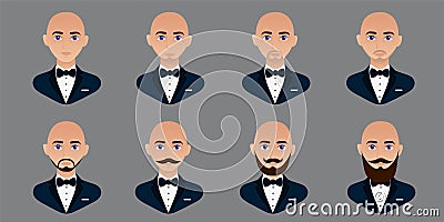 Set avatar of a bald man in a business suit with a bow tie. Vector Illustration