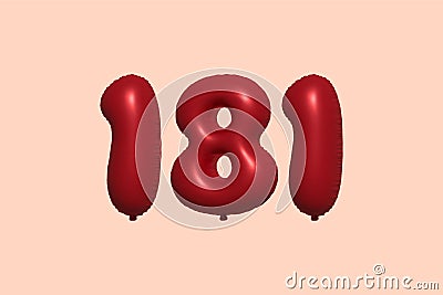 Red Helium Balloon 3D Number 181 Vector Illustration