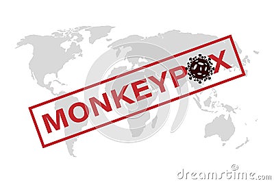 A banner with the monkeypox virus informing and warning about the spread of the disease, symptoms or precautions. The virus is spr Stock Photo
