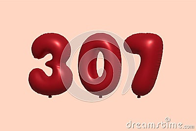 Red Helium Balloon 3D Number 307 Vector Illustration