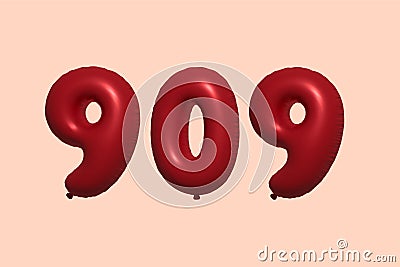 Red Helium Balloon 3D Number 909 Vector Illustration