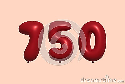 Red Helium Balloon 3D Number 750 Vector Illustration