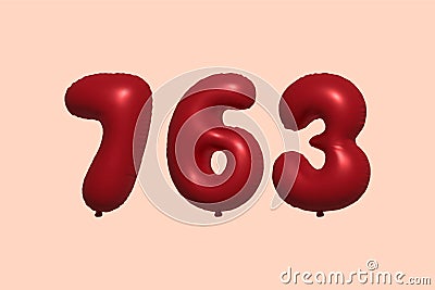 Red Helium Balloon 3D Number 763 Vector Illustration