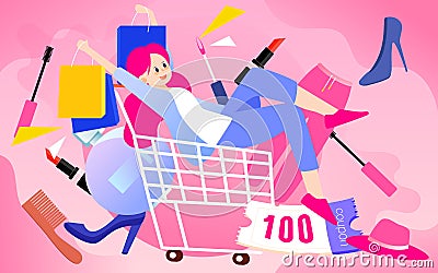 618 shopping festival, people pushing shopping carts for shopping Vector Illustration
