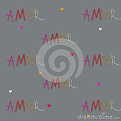 Amor pattern - seamless vector background with hearts and Amor inscription. Stock Photo