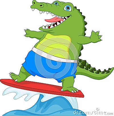 Cute cartoon surfing crocodile Vector Illustration